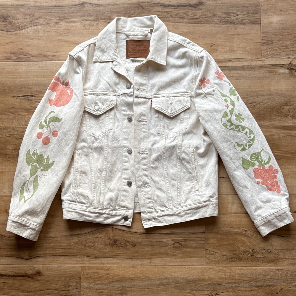 Levi's White Denim Jacket with Green and Coral Floral Prints